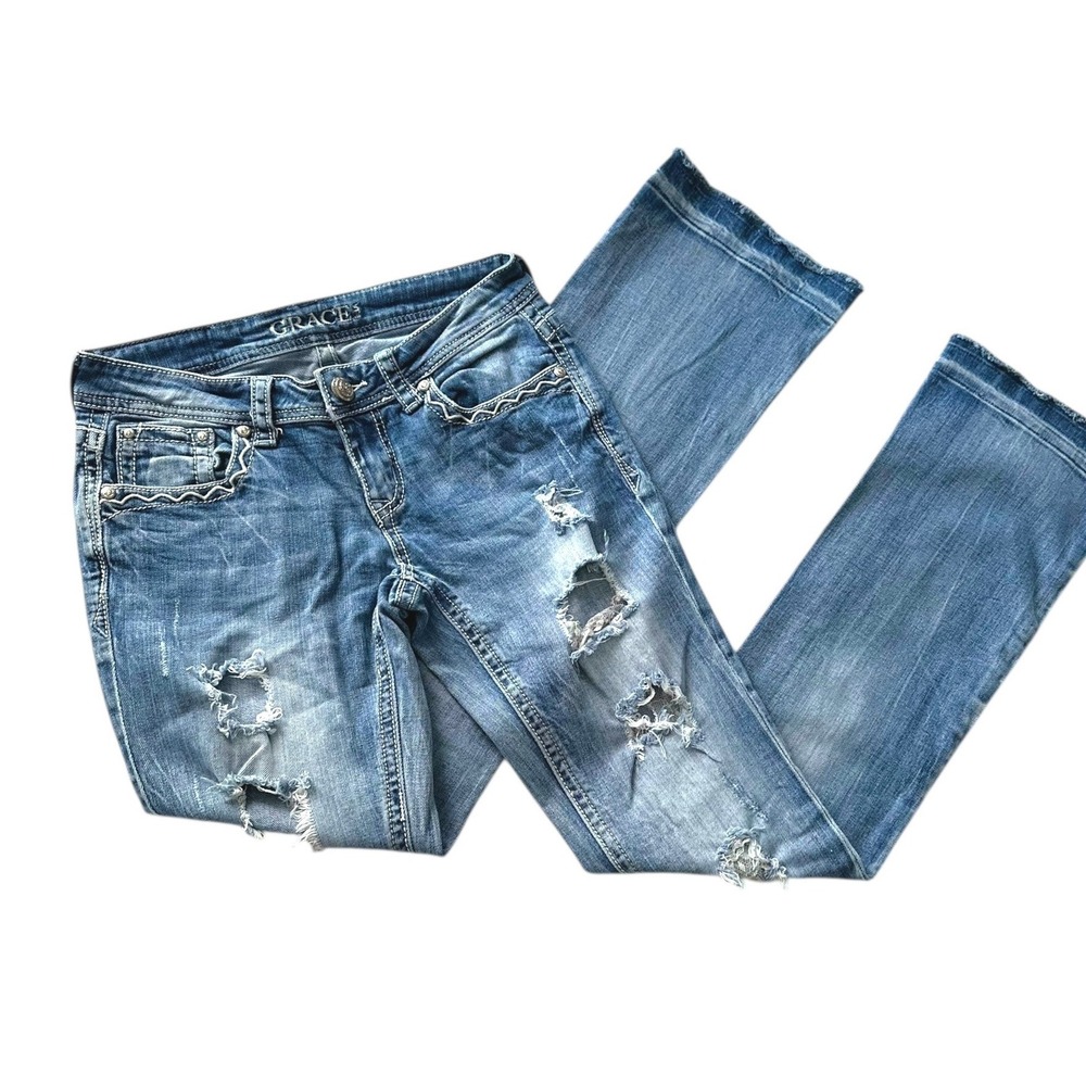 Grace in LA Bootcut Jeans Womens 29 Blue Distressed Lace Embroidered Western Y2K